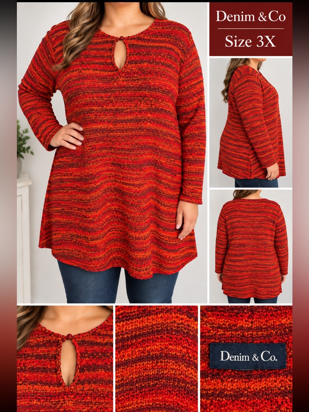 Denim&Co Red-Orange Striped Scoopneck Sweater